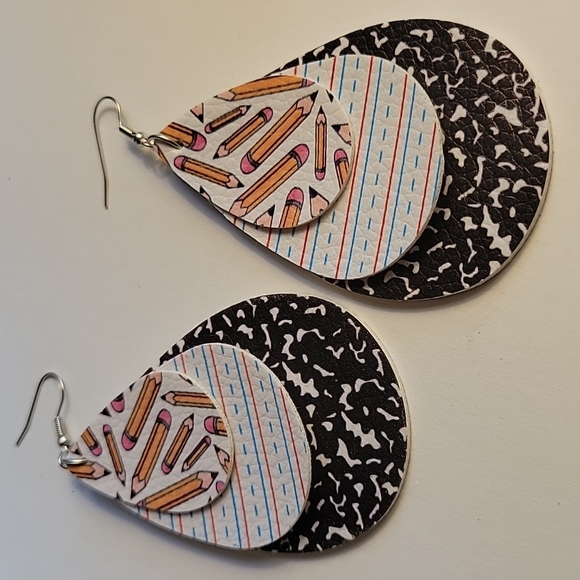 NEW School Days Fun Print Layered Teardrop Dangle Earrings, lightweight - Picture 4 of 5